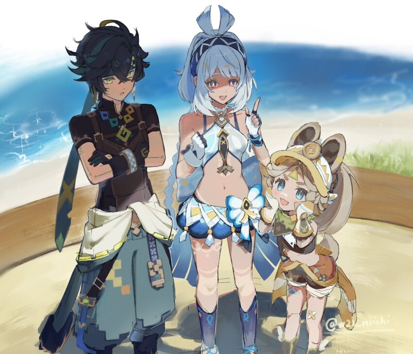 1boy 2girls animal_ears bandaid bandaid_on_knee bandaid_on_leg black_hair blue_eyes child chinchilla_ears chinchilla_girl chinchilla_tail crossed_arms earrings fingerless_gloves genshin_impact gloves green_eyes green_hair hair_between_eyes highres jewelry kachina_(genshin_impact) kinich_(genshin_impact) mualani_(genshin_impact) multicolored_hair multiple_girls navel open_mouth pants ponytail short_sleeves sidelocks smile streaked_hair tail w21 water
