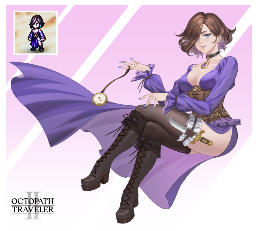 1girl black_boots black_choker black_thighhighs blue_eyes blue_nails boots breasts brown_corset brown_hair choker cleavage collarbone commentary_request copyright_name corset crossed_legs dagger dress earrings full_body hair_over_one_eye highres holding holding_pocket_watch holster invisible_chair jewelry kneehighs knife knife_sheath lace-up_boots long_sleeves looking_at_viewer medium_breasts nail_polish octopath_traveler octopath_traveler_ii one_eye_covered parted_lips photo_inset pocket_watch ptdoge purple_dress sheath short_hair side_slit sitting smile socks solo thigh_holster thigh_sheath thighhighs throne_anguis watch weapon