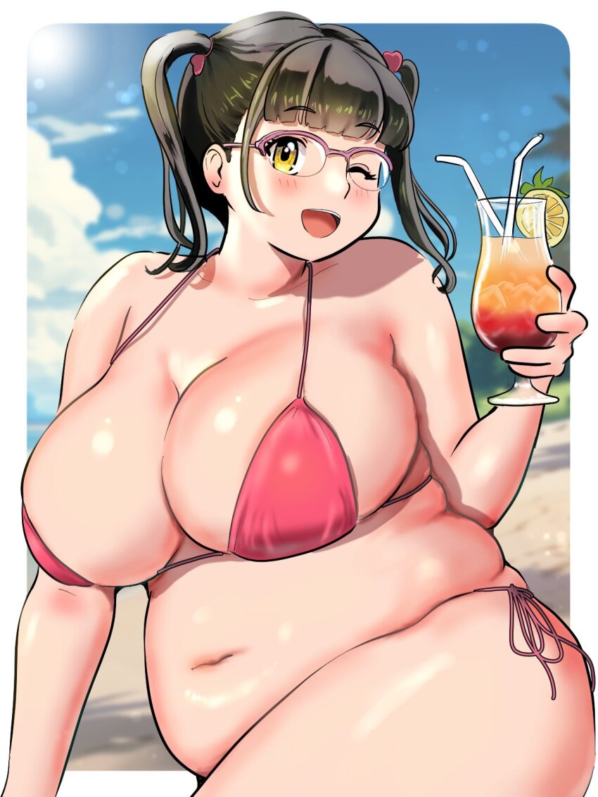 1girl beach bikini black_hair blunt_bangs blush breasts cleavage cocktail cocktail_glass cup drinking_glass drinking_straw fat fat_rolls fat_woman glasses hair_ornament heart heart_hair_ornament highres huge_breasts kenken28937178 large_breasts medium_hair navel nikuko_(galko) one_eye_closed open_mouth oshiete!_galko-chan outdoors over-rim_eyewear pink-framed_eyewear pink_bikini plump semi-rimless_eyewear side-tie_bikini_bottom solo swimsuit twintails wink yellow_eyes
