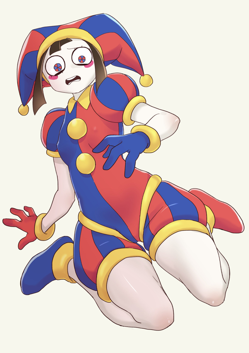1girl absurdres asymmetrical_gloves blue_eyes blue_gloves blush_stickers brown_hair colored_skin daipunch glitch_productions gloves hat hat_bell highres jester jester_cap jester_costume mismatched_gloves multicolored_eyes pomni_(the_amazing_digital_circus) puffy_sleeves red_eyes red_gloves short_hair short_sleeves striped_clothes striped_headwear the_amazing_digital_circus two-tone_eyes vertical-striped_bodysuit vertical-striped_clothes vertical-striped_headwear white_skin