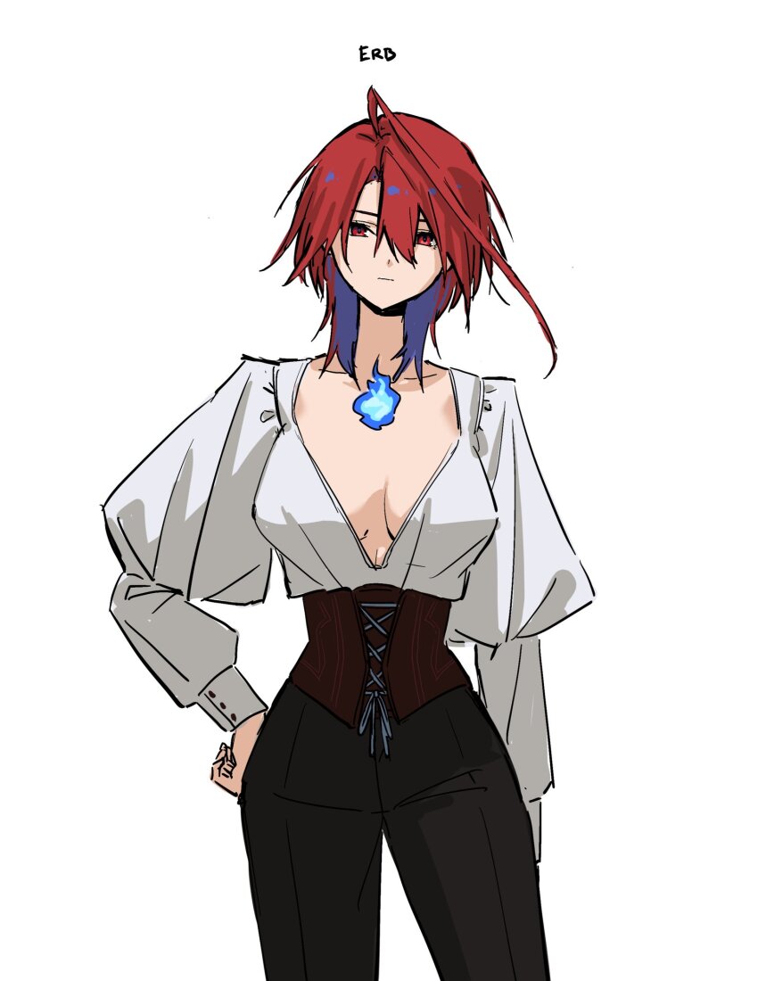 1girl ahoge blue_fire blue_hair breasts cleavage colored_inner_hair elizabeth_rose_bloodflame fire highres hololive hololive_english looking_at_viewer multicolored_hair pants red_eyes red_hair shirt short_hair solo virtual_youtuber white_background white_shirt yuutomeh