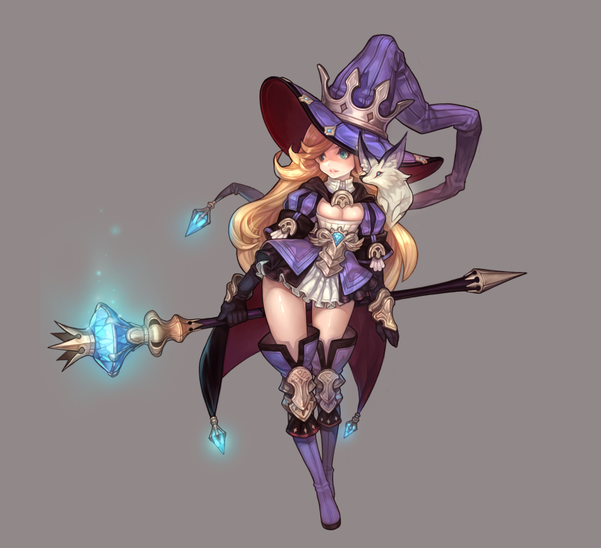 1girl absurdres animal animal_on_shoulder black_capelet black_gloves blonde_hair blue_eyes bodice boots bracer capelet commentary_request concept_art crown_hat elbow_gloves fox full_body gloves glowing_gem grey_background hat highres holding holding_scepter large_hat light_particles looking_to_the_side magic mixed-language_commentary olivia_(yh) original parted_lips puffy_short_sleeves puffy_sleeves purple_hat scepter short_sleeves simple_background smile solo standing thigh_boots white_fur witch witch_hat