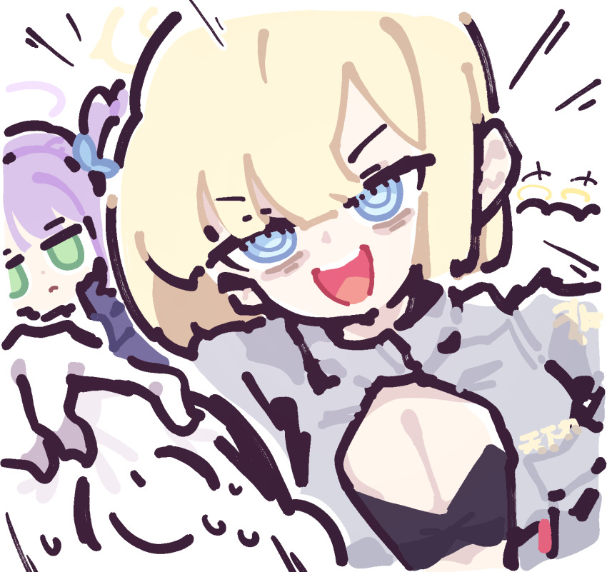 1boy 294_(ranaga) 2girls biker_clothes bikesuit black_bra blonde_hair blue_archive blue_eyes bodysuit bousouzoku bra center_opening character_request clothes_writing delinquent doodle_sensei_(blue_archive) formal_clothes grey_suit halo hand_on_another&#039;s_head highres laughing multiple_girls ringed_eyes sensei_(blue_archive) short_hair smile suit sweat underwear