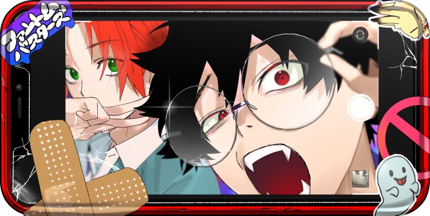 2boys adjusting_eyewear bandaid_on_object bandaid_on_phone black_hair broken_glass cellphone cracked_screen eugene_korekishi fangs glass glasses green_eyes hair_between_eyes highres looking_at_viewer male_focus mogari_shishikuno multiple_boys neoshoco open_mouth orange_hair phantom_busters phone red_eyes round_eyewear selfie short_hair smartphone teeth v