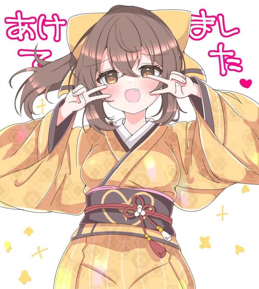 1girl :d alternate_costume asage_(asgsn) blush bow brown_eyes brown_hair commentary_request crossed_bangs delthea_(fire_emblem) double_v fang fire_emblem fire_emblem_echoes:_shadows_of_valentia hair_between_eyes hair_bow heart highres japanese_clothes kimono long_sleeves looking_at_viewer nintendo open_mouth ponytail smile solo translated v white_background wide_sleeves yellow_bow yellow_kimono