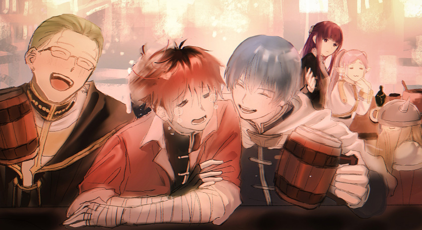 2girls 4boys :3 =_= armor arms_on_table bandaged_arm bandages bar_(place) beard beer_mug black-framed_eyewear black_coat black_collar black_gloves black_robe black_shirt blue_hair blue_shirt blunt_bangs brown_hair cape capelet closed_eyes coat collar covered_mouth crying cup disdain dwarf eisen_(sousou_no_frieren) elbows_on_table elf facial_hair fake_horns fern_(sousou_no_frieren) fingerless_gloves frieren frilled_collar frills glasses gloves gold_trim hair_slicked_back heiter helmet highres himmel_(sousou_no_frieren) holding holding_cup horned_helmet horns jacket long_beard long_hair long_sidelocks long_sleeves mug multiple_boys multiple_girls musbi_(yuiren) no_nose open_clothes open_coat open_mouth pauldrons pointy_ears raised_inner_eyebrows rectangular_eyewear red_coat robe ruffling_hair shirt short_hair shoulder_armor sidelocks sitting skirt sleeves_rolled_up smile sousou_no_frieren stark_(sousou_no_frieren) teeth time_paradox twintails upper_teeth_only warm_colored white_cape white_capelet white_hair white_jacket white_shirt white_skirt