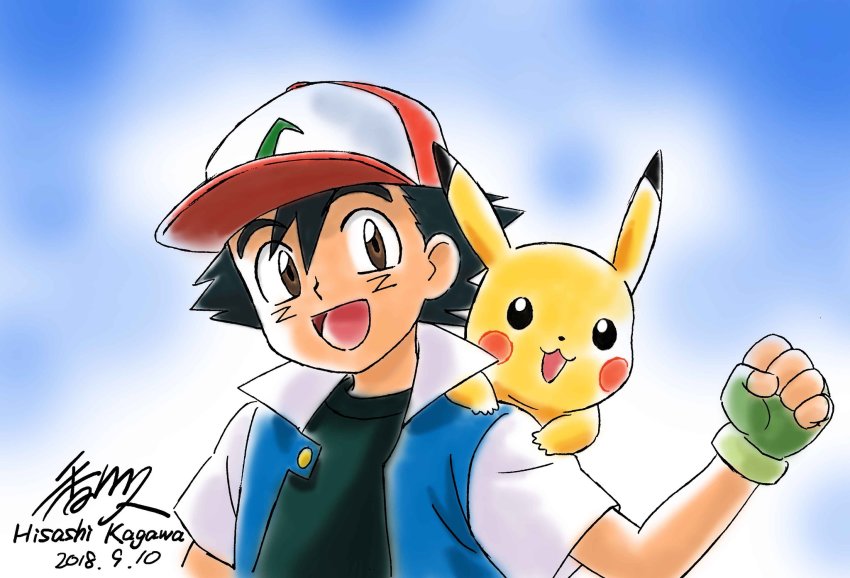 1boy 2018 animal animal_on_shoulder ash_ketchum baseball_cap black_hair brown_eyes clenched_hand dated fingerless_gloves gen_1_pokemon gloves hat highres kagawa_hisashi nintendo open_mouth pikachu pokemon pokemon_(anime) pokemon_(creature) short_hair short_sleeves signature smile tagme undershirt upper_body