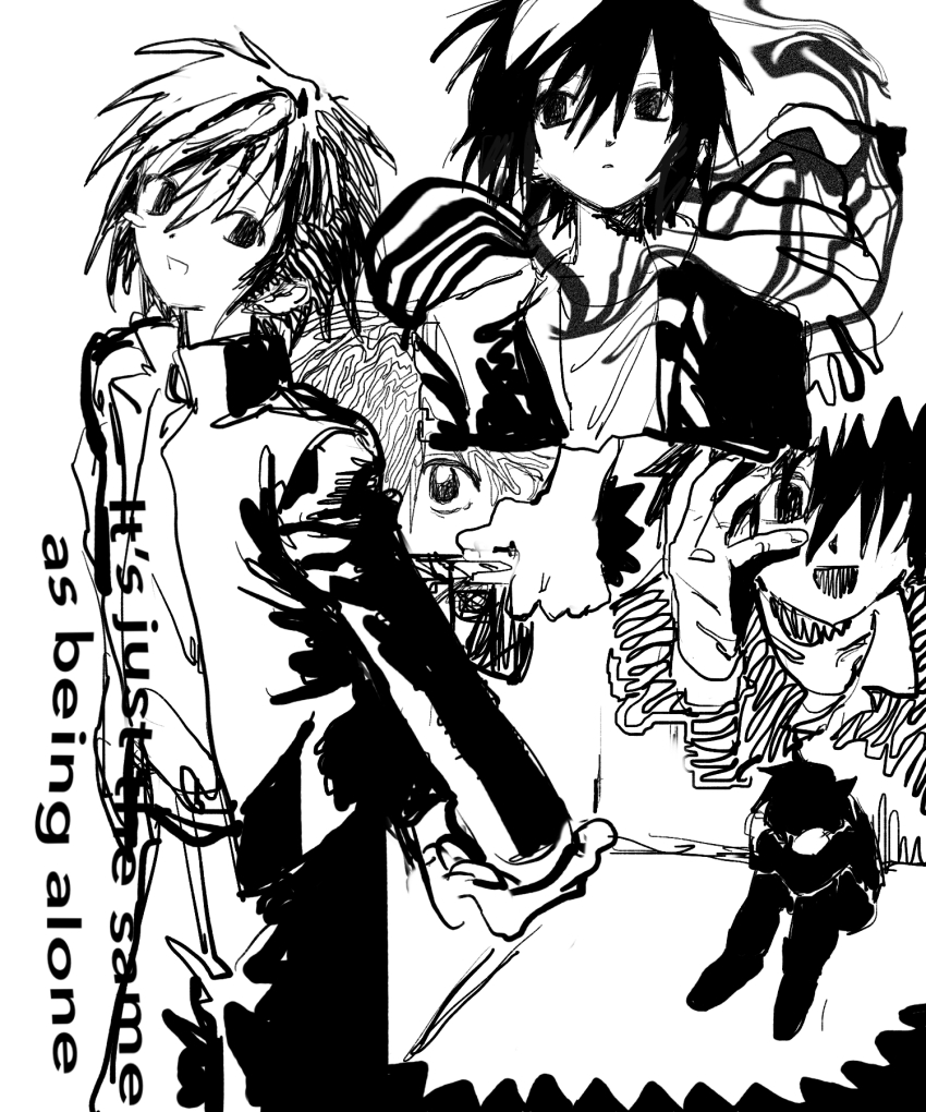1boy arms_behind_back commentary_request english_text gakuran greyscale highres looking_at_viewer male_focus monochrome multiple_views own_hands_clasped own_hands_together randal&#039;s_friends school_uniform short_hair tami_tome_mo tsukada_satoru white_background