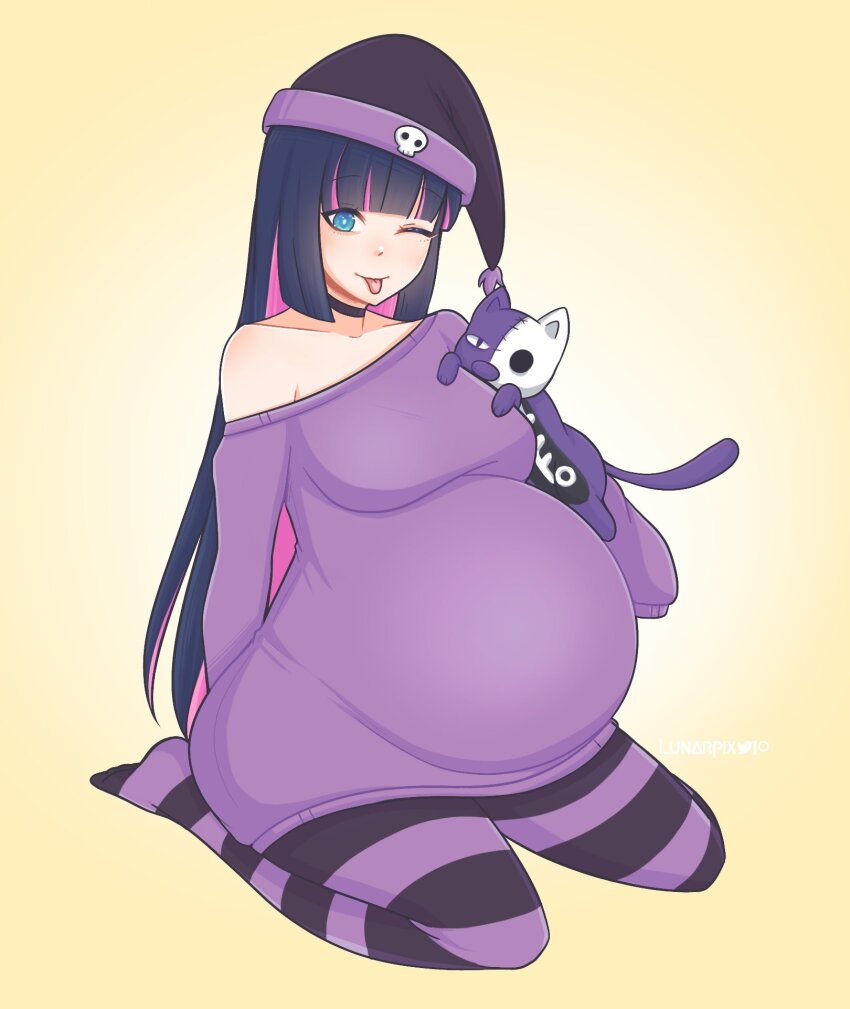 1girl artist_name commentary english_commentary highres honekoneko_(psg) lunarpix_(artist) one_eye_closed panty_&amp;_stocking_with_garterbelt pregnant smile stocking_(psg) striped_clothes striped_thighhighs stuffed_animal stuffed_cat stuffed_toy thighhighs tongue tongue_out