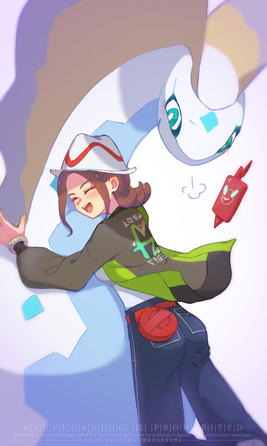 1girl :d alternate_color aurorus blue_pants blush brown_hair closed_eyes commentary_request gen_4_pokemon gen_6_pokemon green_jacket harmony_(pokemon) hat highres hug jacket nintendo open_mouth pants pokemon pokemon_(creature) pokemon_legends:_z-a print_jacket puff_of_air red_bag rotom rotom_phone shiny_pokemon smile tako_marushka teeth tongue upper_teeth_only watermark white_hat