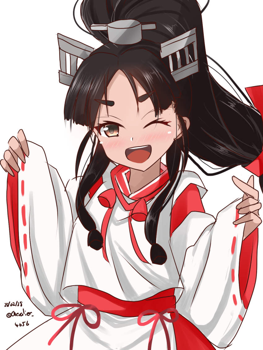 1girl black_hair brown_eyes headgear high_ponytail highres japanese_clothes kantai_collection kariginu long_hair looking_at_viewer miko multi-tied_hair nisshin_(kancolle) ponytail ribbon-trimmed_sleeves ribbon_trim sawatani_(chevalier_04056) short_eyebrows smile solo thick_eyebrows very_long_hair w_arms