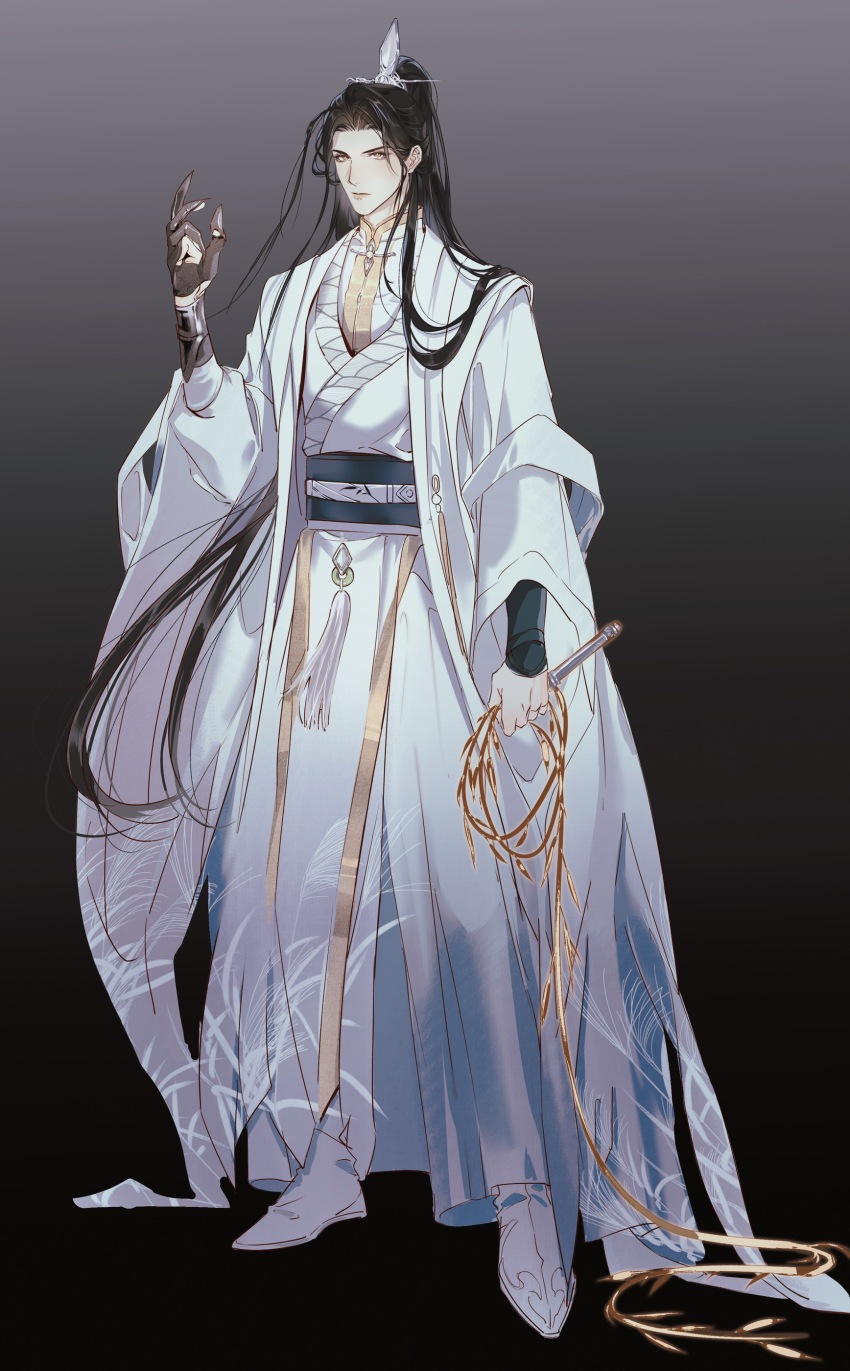 1boy absurdres bacteriashintaro black_gloves black_sash boots brown_hair chinese_clothes chinese_commentary chu_wanning closed_mouth erha_he_ta_de_bai_mao_shizun full_body gloves gradient_background half_updo hanfu high_ponytail highres holding holding_whip long_hair long_sleeves looking_at_viewer male_focus ponytail sash solo tassel white_boots white_hanfu wide_sleeves xiao_guan_(headdress) yaopei yellow_eyes zhijupao
