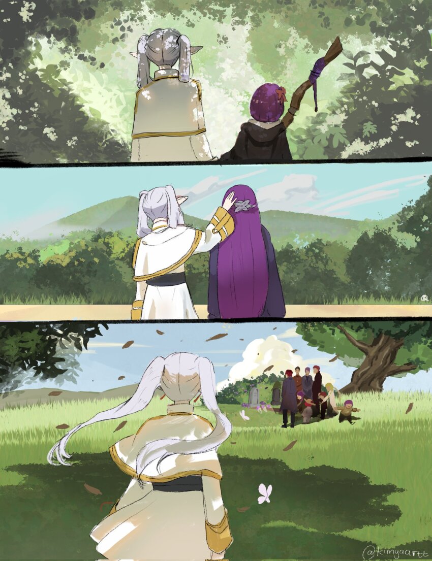 age_progression artist_name blue_sky bouquet bow bug butterfly capelet cloud commentary corrupted_twitter_file english_commentary fern_(sousou_no_frieren) flower forest frieren from_behind gloves gold_trim grave hair_bow hair_over_shoulder headpat highres insect kimyaartt long_hair mountainous_horizon nature outdoors pointy_ears purple_gloves purple_hair red_bow short_hair sky sousou_no_frieren tombstone tree twintails twitter_username white_capelet white_hair