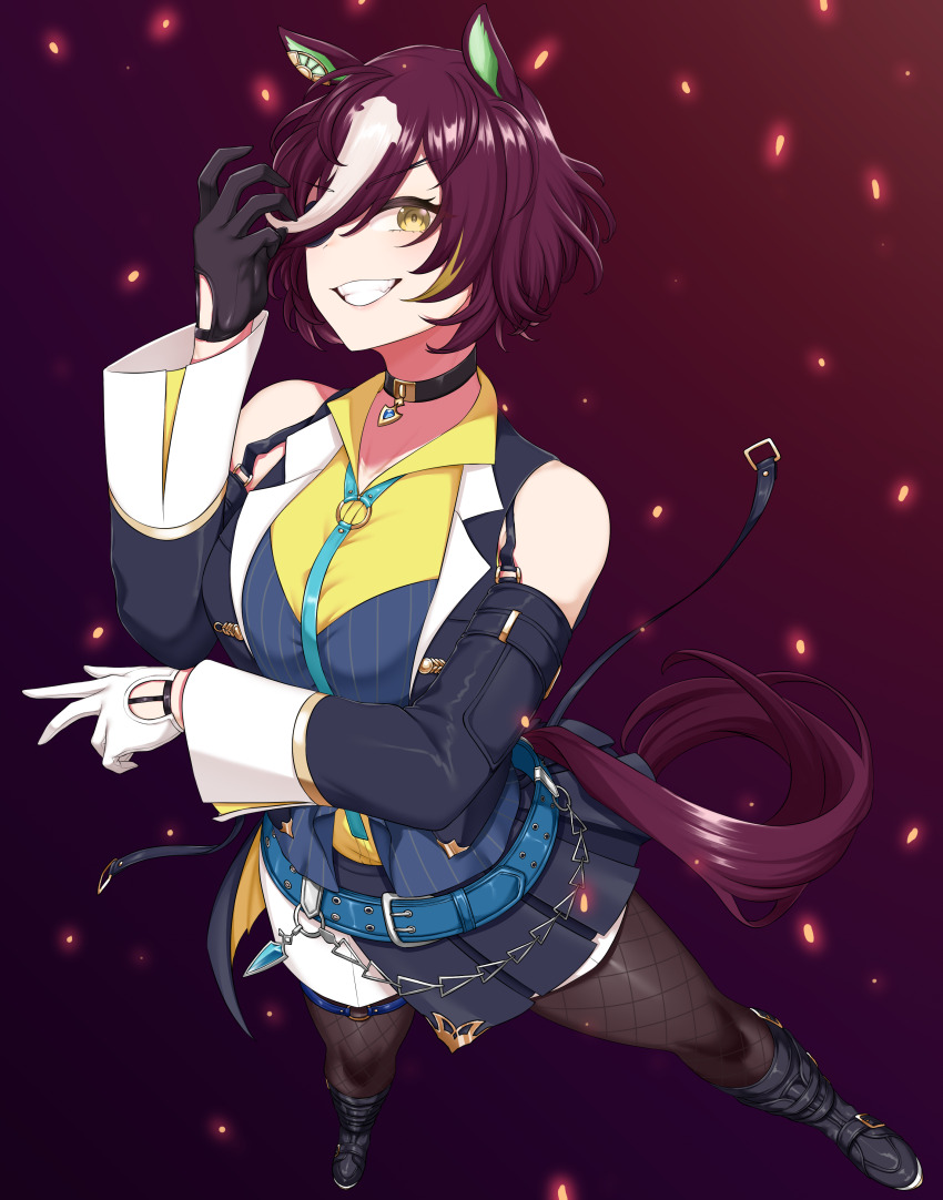1girl absurdres animal_ears asymmetrical_gloves black_boots black_gloves black_jacket black_pantyhose boots commentary_request eyepatch full_body gloves hair_over_one_eye highres horse_ears horse_girl jacket knee_boots long_sleeves looking_at_viewer md5_mismatch mismatched_gloves multicolored_hair pantyhose partial_commentary pasuhai purple_hair resolution_mismatch shirt short_hair shorts simple_background smile solo source_smaller streaked_hair tanino_gimlet_(umamusume) umamusume white_gloves white_hair white_shorts yellow_eyes yellow_shirt