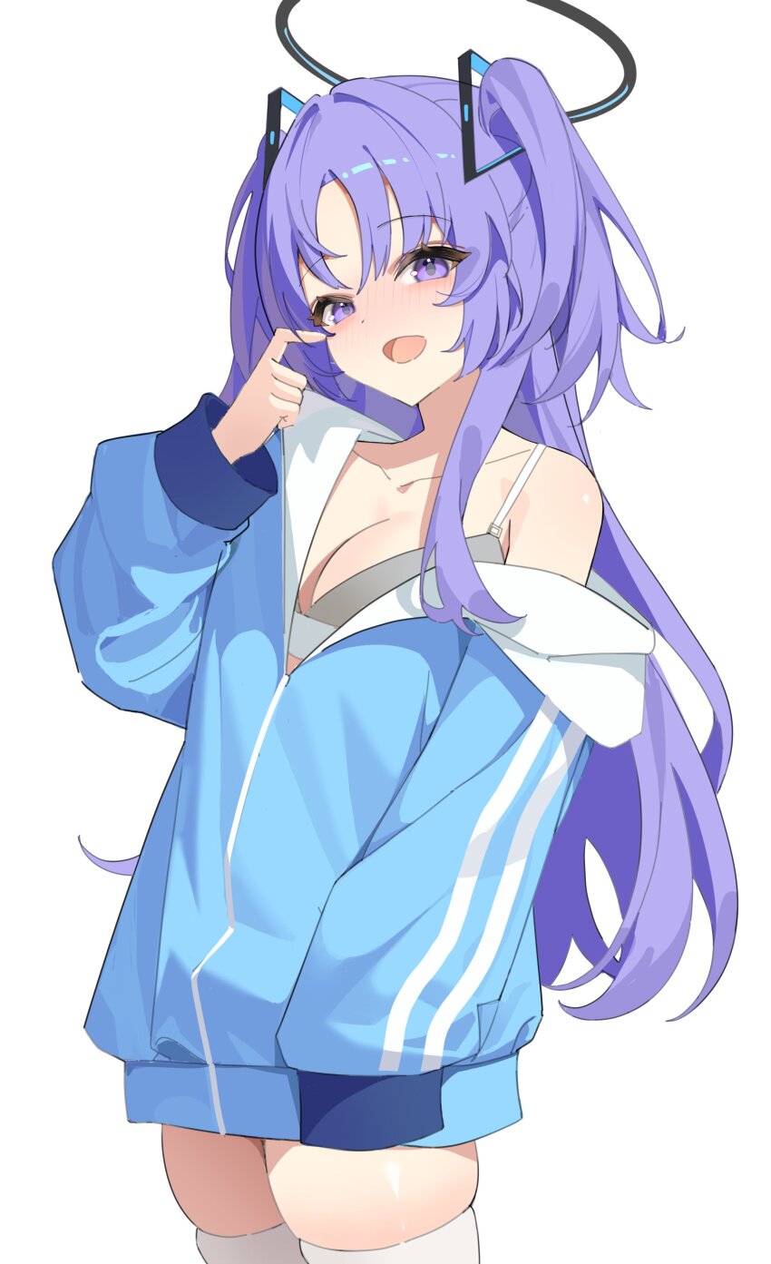 1girl absurdres bare_shoulders blue_archive blue_jacket bra breasts cleavage collarbone cowboy_shot grey_bra hair_ornament halo hand_up highres jacket long_sleeves medium_breasts off_shoulder open_mouth purple_eyes purple_hair skindentation smile solo thighhighs two_side_up underwear wh0_r_uo_o white_thighhighs yuuka_(blue_archive)
