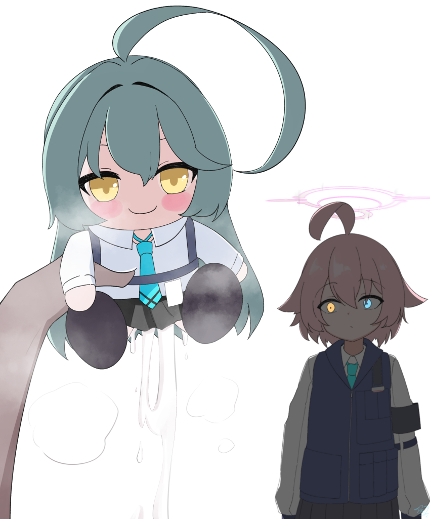1girl absurdres ahoge aqua_hair black_skirt blue_archive blue_eyes blue_necktie blush_stickers bulletproof_vest character_doll closed_mouth cum cumdrip doll halo heterochromia highres holding holding_doll hoshino_(blue_archive) hoshino_(first_year)_(blue_archive) long_sleeves meme necktie pink_hair pink_halo pov pov_hands shirt short_hair simple_background skirt sparkle_doll_onahole_(meme) tori_komis white_background white_shirt yellow_eyes yume_(blue_archive)