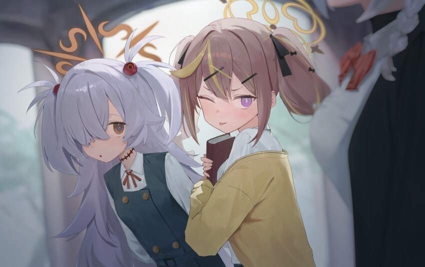 3girls ;p absurdres blonde_hair blue_archive blurry blurry_background blurry_foreground book brown_hair brown_ribbon cardigan commentary dress eri_(blue_archive) grey_dress grey_hair hair_over_one_eye halo highres holding holding_book hugging_book hugging_object kanoe_(blue_archive) lizard0221 long_hair multicolored_hair multiple_girls neck_ribbon one_eye_closed one_eye_covered parted_lips pinafore_dress purple_eyes rena_(blue_archive) revision ribbon shirt sidelocks sleeveless sleeveless_dress streaked_hair symbol-only_commentary tongue tongue_out twintails two_side_up upper_body white_shirt yellow_cardigan
