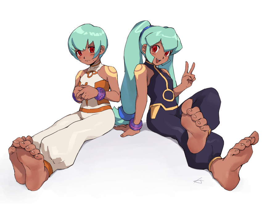 2girls absurdres alternate_universe armlet baggy_pants barefoot embarrassed green_hair highres jewelry karen_(karenoni1031) long_hair mega_man_(series) mega_man_legends_(series) mega_man_legends_2 multiple_girls open_mouth pants red_eyes sera_(mega_man) short_sleeves sitting smile soles toes twintails v yuna_(mega_man)