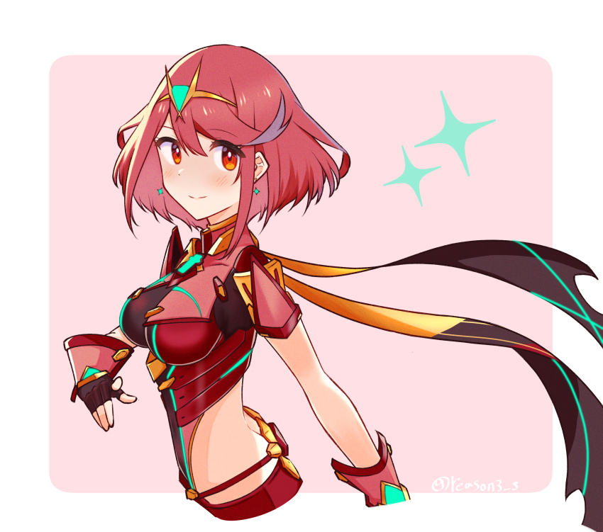 1girl absurdres black_gloves blush breasts chest_jewel closed_mouth earrings fingerless_gloves floating_earrings gem gloves highres jewelry looking_at_viewer medium_breasts pyra_(xenoblade) reason3_s red_eyes red_hair red_shorts short_hair shorts solo swept_bangs tiara xenoblade_chronicles_(series) xenoblade_chronicles_2