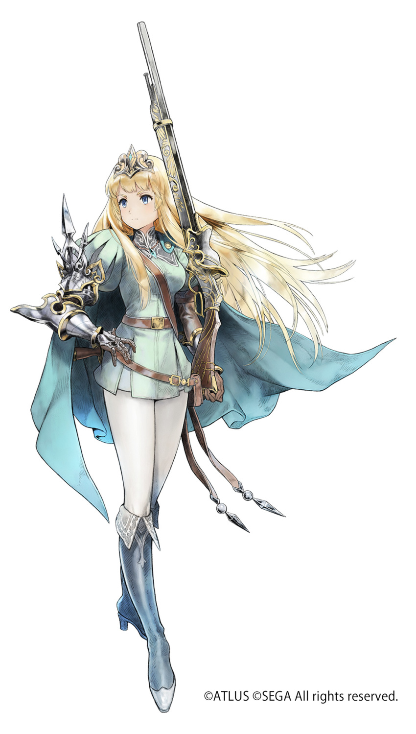1girl armor belt belt_buckle blonde_hair blue_boots blue_eyes boots breasts buckle cape closed_mouth copyright_name determined diadem dress english_text eruca female_focus floating_hair full_body gauntlets gloves gun hand_on_own_hip high_heel_boots high_heels highres holding holding_gun holding_weapon jacket jewelry knee_boots long_hair looking_to_the_side medium_breasts necklace official_art pants princess radiant_historia rifle serious simple_background solo standing very_long_hair weapon white_background white_pants