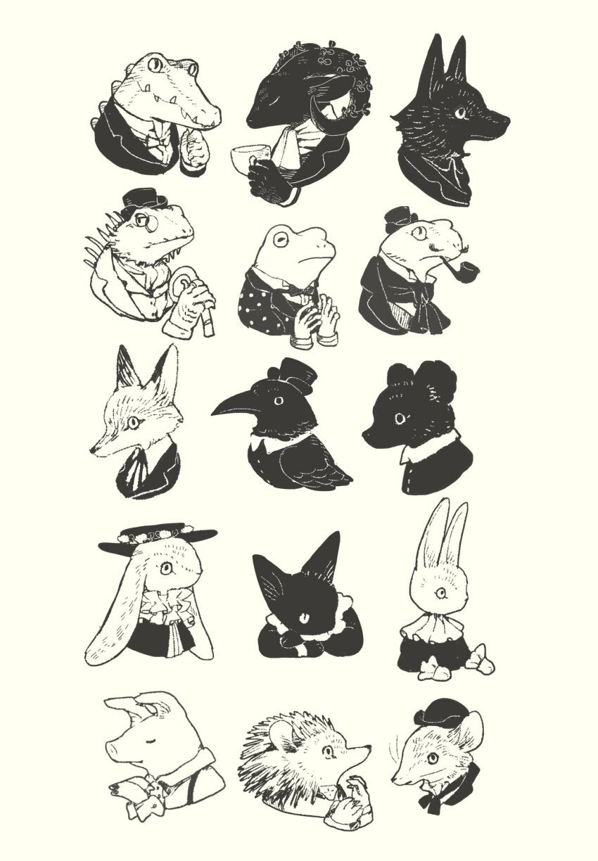 animal animal_focus ascot bear bird bow bowtie buttons cane cat choker closed_eyes clothed_animal collared_dress collared_jacket collared_shirt collared_vest crocodile crocodilian cropped_shoulders cropped_torso crossed_arms crow cup dress expressionless facial_hair fox frilled_choker frilled_sleeves frills frog goat hand_on_own_chin hat head_on_arm hedgehog high_collar highres holding holding_cane holding_cup horizontal_pupils iguana jacket lapels layered_sleeves long_sleeves mini_hat mini_top_hat monocle mouse_(animal) mouth_hold mustache neck_ribbon no_humans notched_lapels open_clothes open_jacket original own_hands_together pig polka_dot polka_dot_jacket rabbit ribbon round_eyewear scarf sharp_teeth shirt simple_background slit_pupils smoking_pipe snake teacup teeth tono_(rt0no) top_hat traditional_bowtie vest whiskers white_background