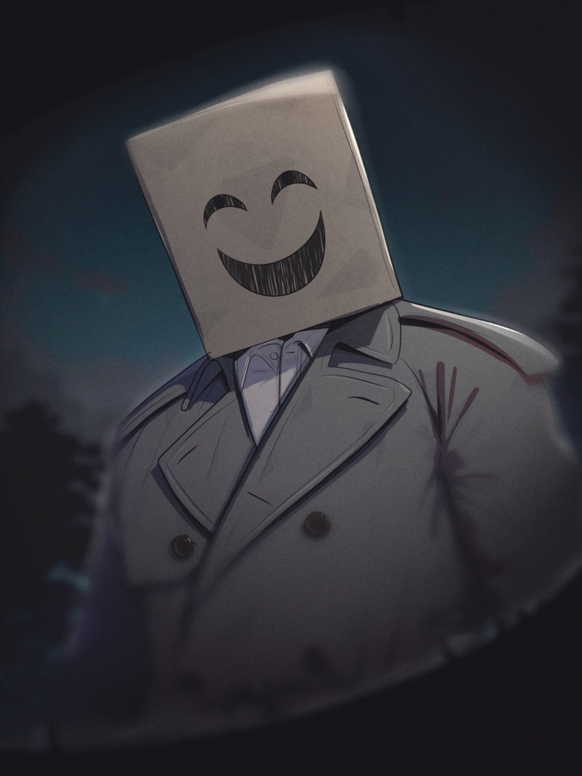 1boy bag blue_background coat emio famicom_tantei_club gonzarez highres looking_at_viewer mask nintendo paper_bag smile solo trench_coat upper_body