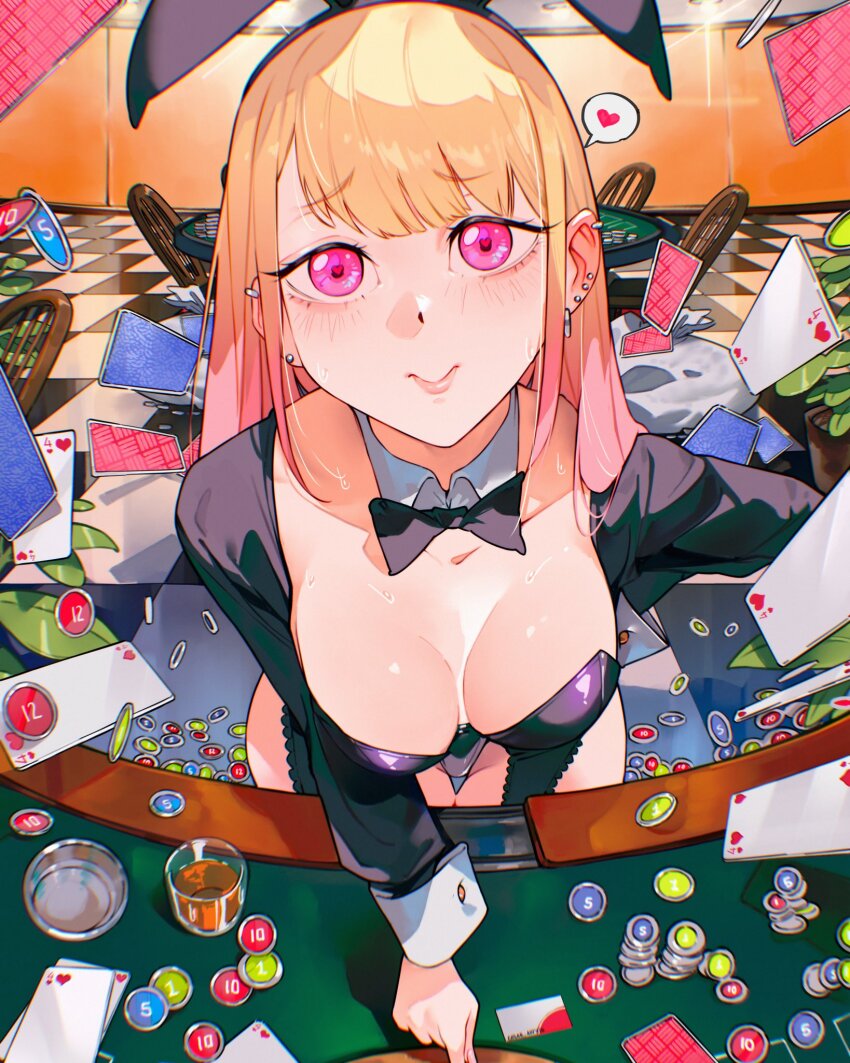 1girl animal_ears black_bow black_bowtie black_hairband black_leotard black_vest blonde_hair blush bow bowtie breasts card cesar_art456 checkered_floor closed_mouth collar collarbone detached_collar ear_piercing four_of_hearts glass gradient_hair groin hairband heart highres kitagawa_marin leotard long_hair long_sleeves multicolored_hair piercing pink_eyes pink_hair pink_lips poker_chip poker_table rabbit_ears smile solo sono_bisque_doll_wa_koi_wo_suru spanish_commentary spoken_heart sweat table two-tone_hair upturned_eyes vest white_collar white_wrist_cuffs wrist_cuffs