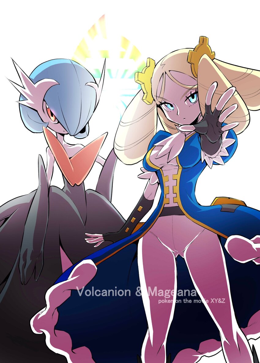 2girls alternate_color ascot black_gloves blonde_hair blue_eyes blue_hair bob_cut colored_skin creatures_(company) dress drill_hair elbow_gloves fingerless_gloves game_freak gardevoir gear_hair_ornament gen_3_pokemon gloves hair_over_one_eye highres hirakata_masahiro kimia_(pokemon) looking_at_viewer mega_evolution_symbol mega_gardevoir mega_pokemon multiple_girls nintendo orange_eyes pokemon pokemon_(anime) pokemon_(creature) pokemon_the_movie:_volcanion_and_the_mechanical_marvel pokemon_xy_(anime) shiny_pokemon strapless strapless_dress white_ascot white_skin