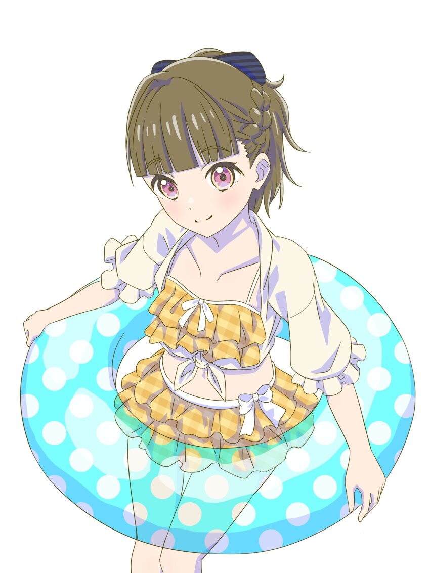 1girl bikini black_bow blue_innertube bow braid brown_hair center-flap_bangs closed_mouth collarbone commentary feet_out_of_frame frilled_bikini frilled_sleeves frills gingham_bikini hair_bow half_up_braid highres holding holding_swim_ring innertube jacket jacket_over_swimsuit kachimachi_kosuzu kachimachi_kosuzu_(swimsuit) link!_like!_love_live! looking_at_viewer love_live! medium_hair midriff myrain56991013 navel official_alternate_costume official_alternate_hairstyle pink_eyes polka_dot_innertube ponytail puffy_short_sleeves puffy_sleeves ruffle_bikini short-sleeved_jacket short_sleeves simple_background smile solo split_mouth striped_bow swim_ring swimsuit tied_jacket transparent_innertube white_background yellow_bikini