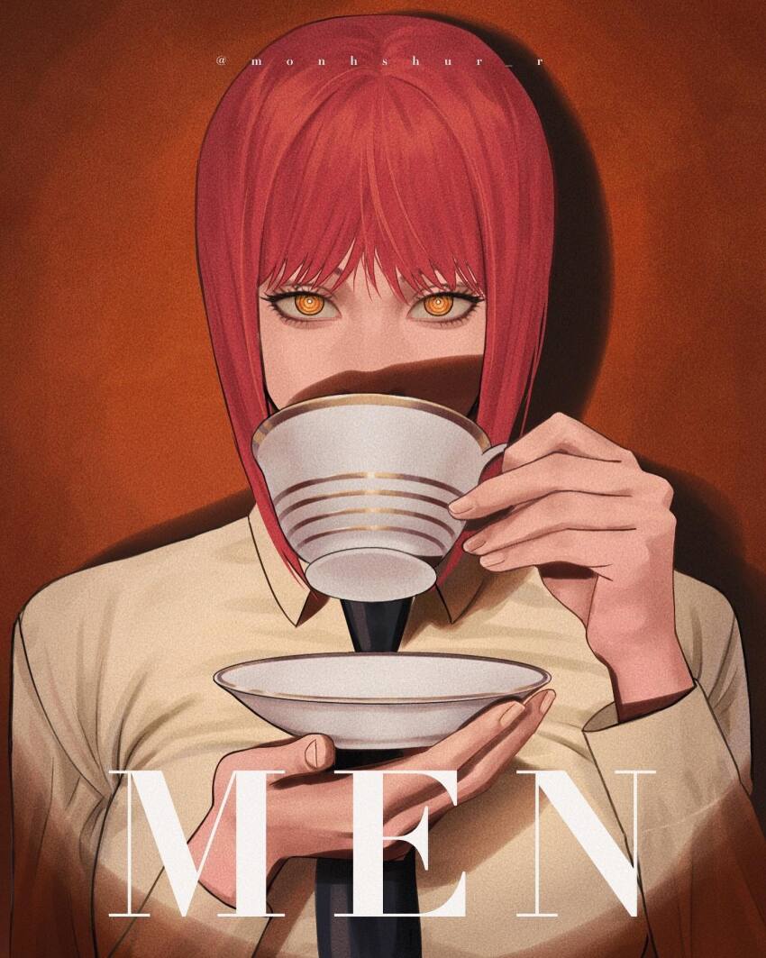 1girl black_necktie breasts chainsaw_man collared_shirt commentary cup drinking expressionless film_grain highres holding holding_cup holding_saucer instagram_username looking_at_viewer makima_(chainsaw_man) medium_breasts monhshur_r necktie orange_background orange_eyes portrait red_hair ringed_eyes saucer shadow shirt sidelocks solo teacup white_shirt
