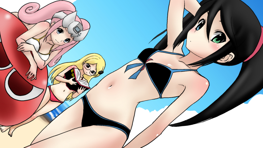 3girls :o arm_behind_head arm_up artist_request barefoot beach bikini black_hair blonde_hair blue_eyes blue_sky blush book breasts cloud dutch_angle front-tie_top glasses green_eyes heterochromia long_hair looking_at_viewer medium_breasts multiple_girls objectification personification pink_hair puyo_(puyopuyo) puyopuyo reading red_eyes sand sega sega_dreamcast_(sega_hard_girls) sega_hard_girls sega_mega_drive_(sega_hard_girls) sega_saturn_(sega_hard_girls) sky small_breasts smile swimsuit twintails water
