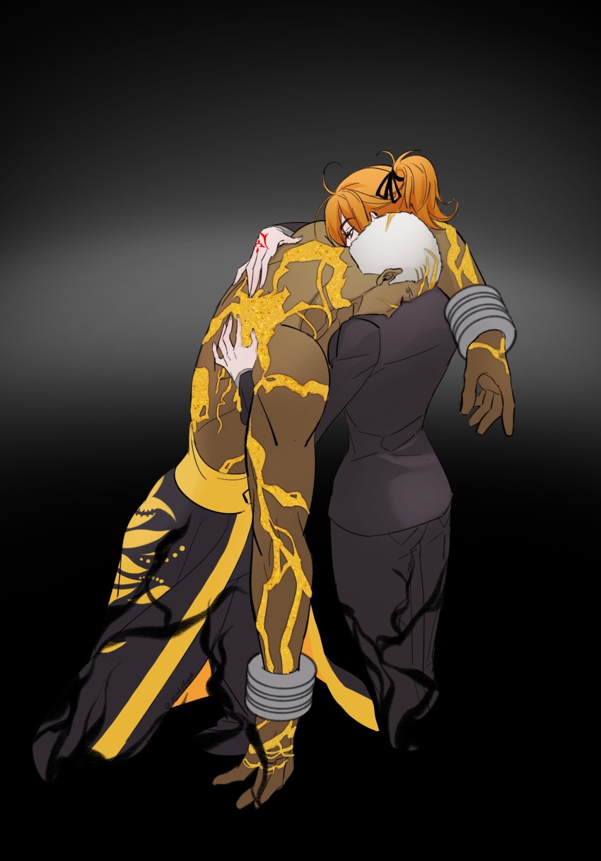 1boy 1girl black_jacket black_pants black_suit chinese_commentary colored_skin commentary_request cuffs dark-skinned_male dark_skin darkness emiya_alter emiya_alter_(third_ascension) fate/grand_order fate_(series) formal_clothes fujimaru_ritsuka_(female) fujimaru_ritsuka_(female)_(royal_brand) hair_ribbon height_difference highres hug jacket multicolored_skin orange_hair pants ponytail ribbon shackles shinkaifuyuki suit topless_male two-tone_skin white_hair yellow_skin