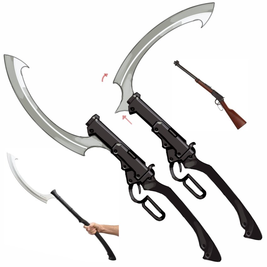 commentary english_commentary gun gunblade heromedley highres khopesh lever_action no_humans original reference_sheet rifle simple_background sword weapon white_background