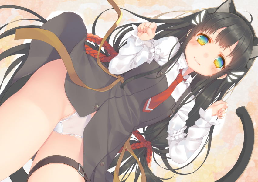 1girl 3: ahoge animal_ears black_dress black_hair blush cameltoe cat_ears cat_tail cowboy_shot dress dutch_angle fake_animal_ears female_focus fingernails gradient_eyes kazuzu long_hair long_sleeves looking_at_viewer low-tied_long_hair low_twintails multicolored_eyes necktie orange_eyes original panties pantyshot paw_pose pinafore_dress red_necktie shirt short_dress sleeveless sleeveless_dress solo standing tail tareme thigh_strap thighhighs twintails underwear very_long_hair w_arms white_panties white_shirt