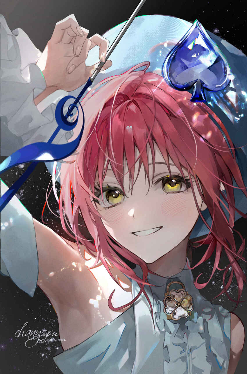 1girl absurdres amulet_spade blue_hat blue_shirt blush chyan_0012 detached_sleeves frilled_sleeves frills hashtag-only_commentary hat highres hinamori_amu looking_at_viewer magical_girl musical_note pink_hair shirt shugo_chara! sidelocks sleeveless smile solo spade_(shape) twitter_username upper_body yellow_eyes