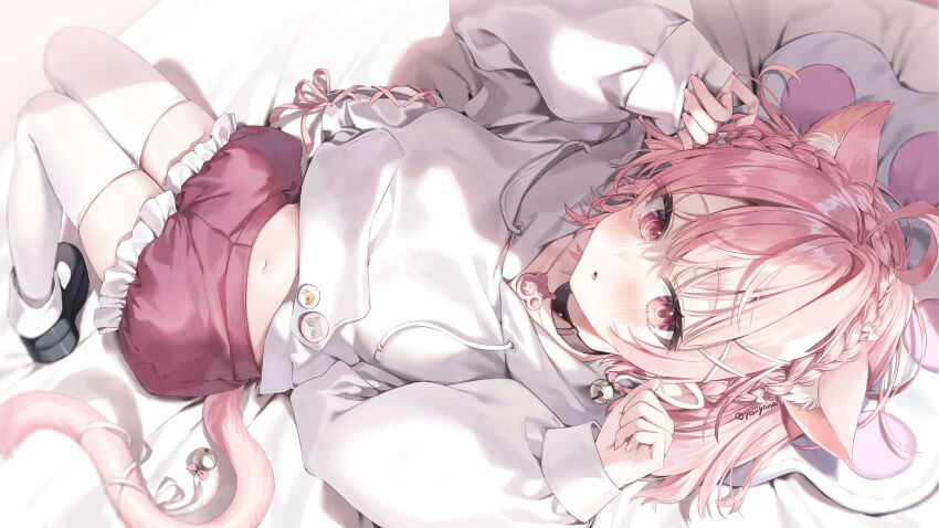 1girl absurdres animal_ears black_shoes braid cat_ears cat_girl cat_tail hands_up haruru_(vtuber) highres hood hoodie indie_virtual_youtuber long_sleeves looking_at_viewer lying midriff navel on_back parted_lips pink_eyes pink_hair pink_shorts shoes short_hair shorts socks socks_over_thighhighs tail thighhighs virtual_youtuber white_hoodie white_socks white_thighhighs yana_mori