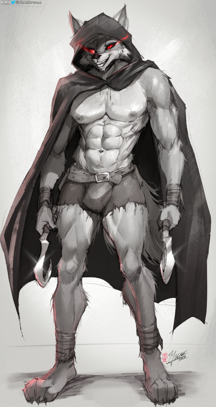 1boy absurdres bara bare_pectorals barefoot belt claws cloak commentary death death_(puss_in_boots) dual_wielding english_commentary evil_smile fangs full_body furry furry_male highres holding holding_scythe holding_sickle holding_weapon hood hooded_cloak looking_at_viewer male_focus pectorals puss_in_boots:_the_last_wish red_eyes scythe sharp_teeth shrek_(series) sickle smile standing strong teeth topless_male viejillox weapon wolf_boy