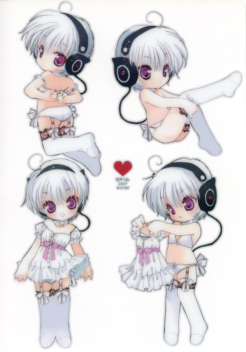 1girl absurdres ahoge bra chibi dress dress-up garter_belt garter_straps hato_rami headphones heart highres lingerie panties purple_eyes short_hair underwear underwear_only white_bra white_hair white_legwear white_panties