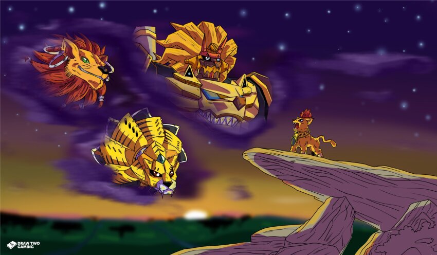 digimon digimon_(creature) evolutionary_line heavyleomon highres liamon liollmon lion loaderleomon mecha parody robot sun tail the_lion_king