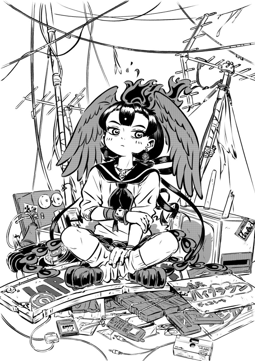 1girl alternate_costume antique_phone appleq bird_girl bird_tail bird_wings camera cassette_tape cellphone closed_mouth contemporary earrings expressionless fiery_hair fire floppy_disk full_body game_cartridge greyscale hand_on_own_arm hand_on_own_leg head_wings hi_no_tori hi_no_tori_(kemono_friends) highres indian_style jewelry kemono_friends knees_apart_feet_together looking_at_viewer monochrome outstretched_arm pendant phone radio_antenna rotary_phone sailor_collar school_uniform shirt shoes short_hair sign sitting sitting_on_object skirt socks solo tail television videocassette watch wings wristwatch