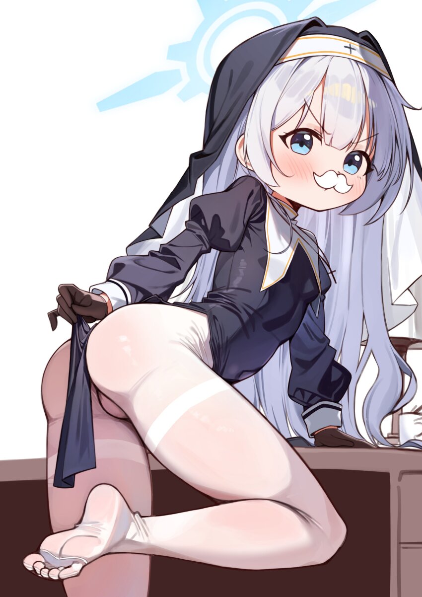 1girl absurdres ass black_gloves black_veil blue_archive blue_eyes blue_halo cherino_(blue_archive) cross dress fake_facial_hair fake_mustache gloves halo highres latin_cross led_winter loli long_hair looking_at_viewer no_panties nun pantyhose pelvic_curtain solo veil white_hair white_pantyhose