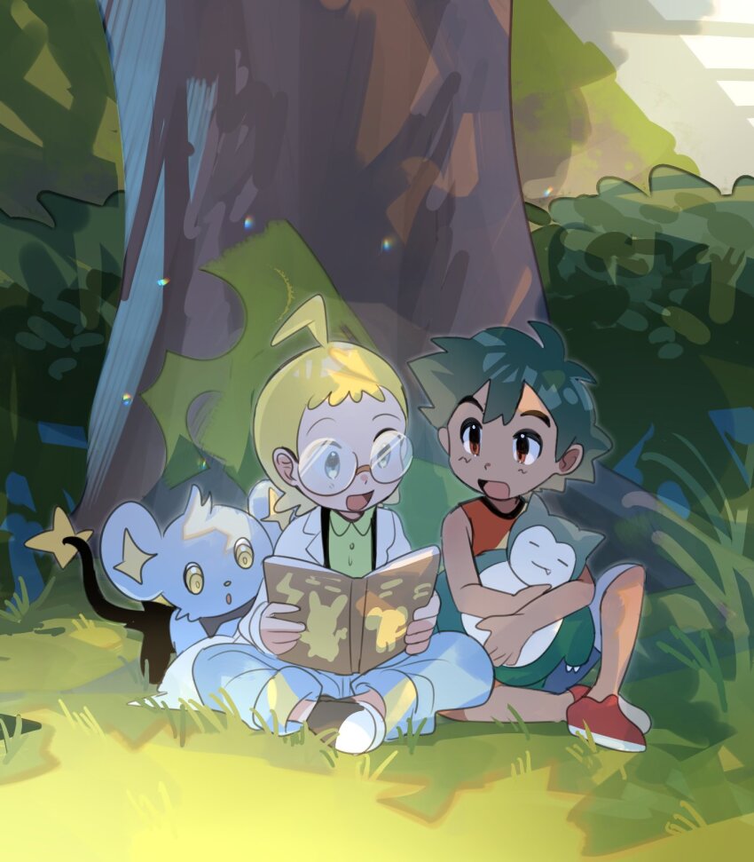 2boys :d aged_down ahoge ash_ketchum blonde_hair blue_pants book bush character_doll clemont_(pokemon) coat collared_shirt commentary_request gen_1_pokemon gen_4_pokemon glasses grass green_shirt highres holding holding_book long_sleeves male_focus multiple_boys nintendo open_clothes open_coat open_mouth pants pokemon pokemon_(anime) pokemon_(creature) pokemon_xy_(anime) red_footwear round_eyewear shinx shirt shoes short_hair shorts sitting sleeveless sleeveless_shirt smile snorlax suikaels tree white_coat