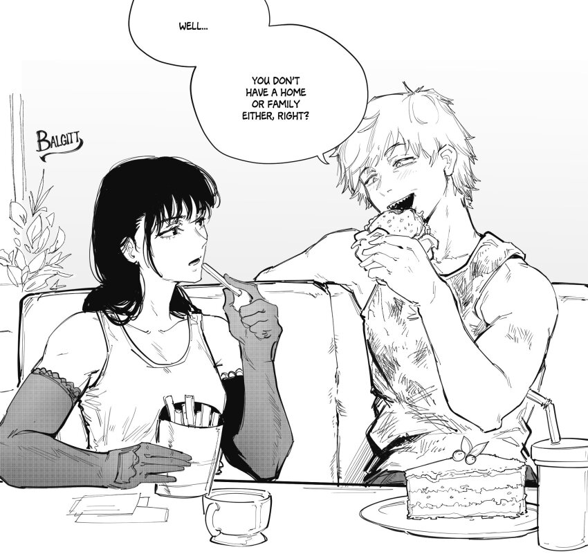 1boy 1girl artist_name black_hair blonde_hair breasts burger chainsaw_man couple denji_(chainsaw_man) eating food food_in_mouth greyscale hair_between_eyes hetero highres holding holding_food long_hair looking_at_another mitaka_asa monochrome open_mouth plate shirt short_hair signature simple_background teeth twitter_username victorbalgitt