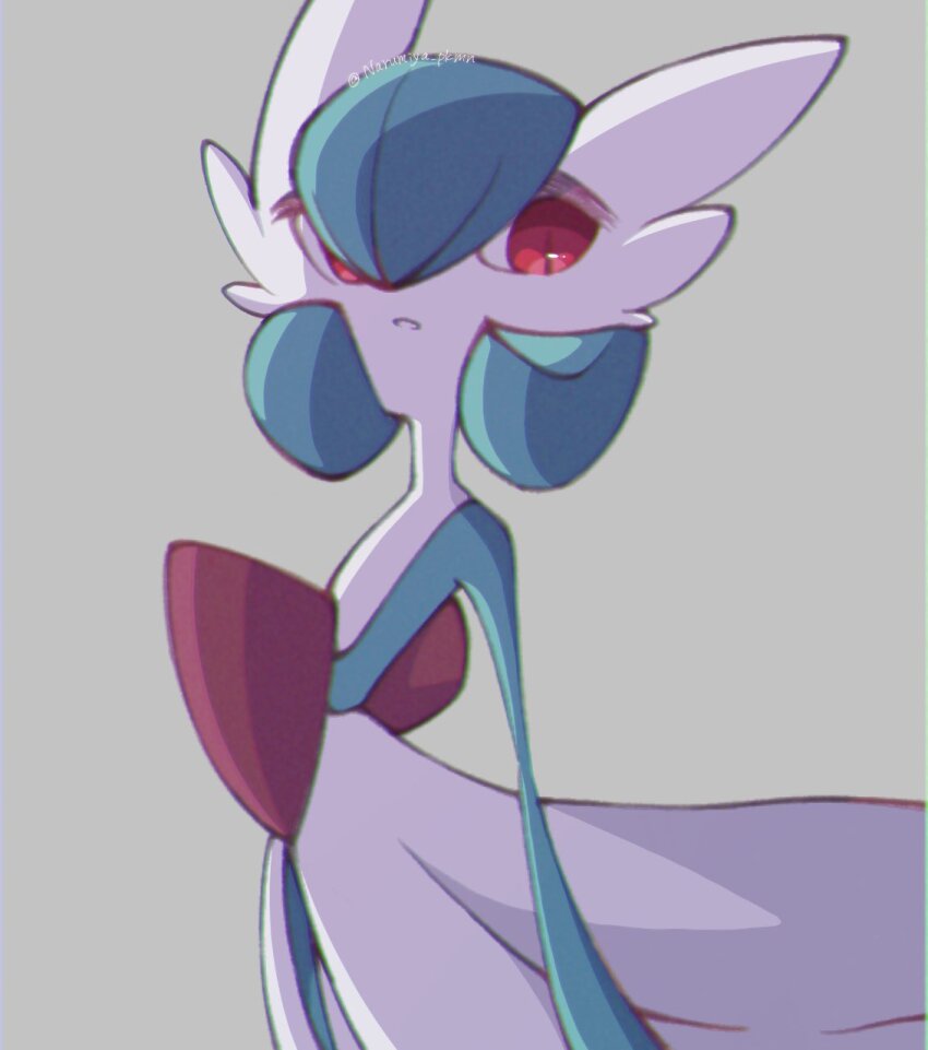 bob_cut colored_skin dress gardevoir gen_3_pokemon green_hair green_skin grey_background highres multicolored_skin narumiya_pkmn nintendo parted_lips pokemon pokemon_(creature) red_eyes simple_background two-tone_skin white_dress white_skin