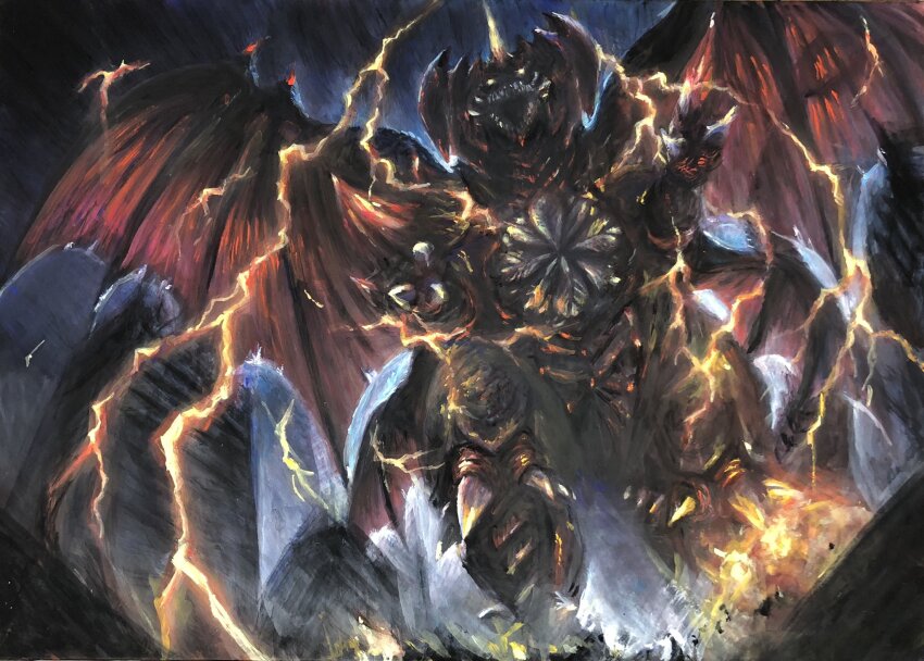 alternate_color building city claws crest destoroyah destruction electricity energy explosion extra_wings fire g.n.a giant giant_monster glowing glowing_eyes glowing_horn godzilla_(series) godzilla_vs._destoroyah highres horns kaiju looking_at_viewer looking_down low_wings monster night no_humans no_pupils orange_electricity orange_eyes overcast pincers single_horn sky skyscraper smoke tail toho wings