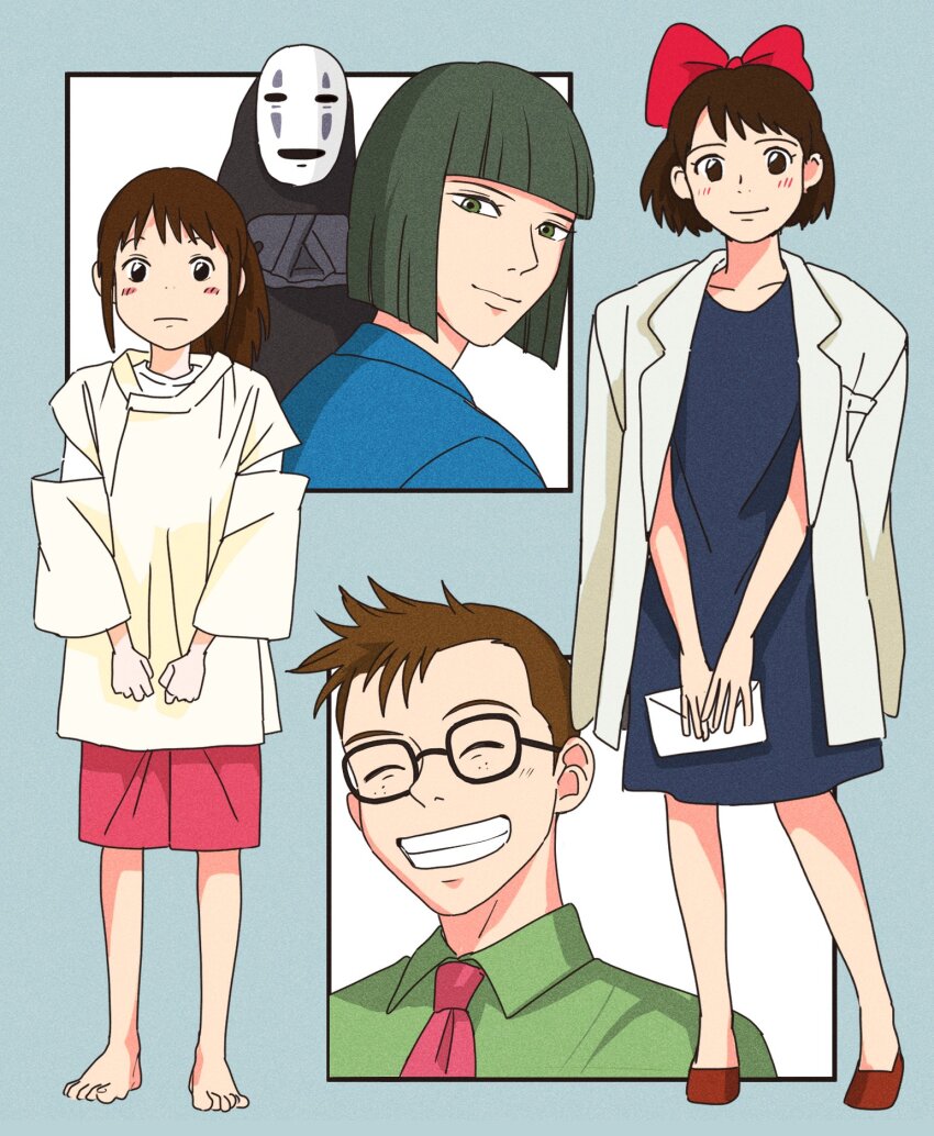 1other 2boys 2girls aged_up barefoot black_dress bob_cut bow brown_eyes brown_hair coat coat_on_shoulders company_connection dress frown glasses green_eyes green_hair green_shirt grin hair_bow haku_(sen_to_chihiro_no_kamikakushi) highres holding holding_letter japanese_clothes kaonashi kariginu kiki_(majo_no_takkyuubin) letter majo_no_takkyuubin multiple_boys multiple_girls necktie ogino_chihiro red_necktie red_shoes red_shorts rikaco1988 sen_to_chihiro_no_kamikakushi shirt shoes shorts smile studio_ghibli tombo_(majo_no_takkyuubin) white_coat