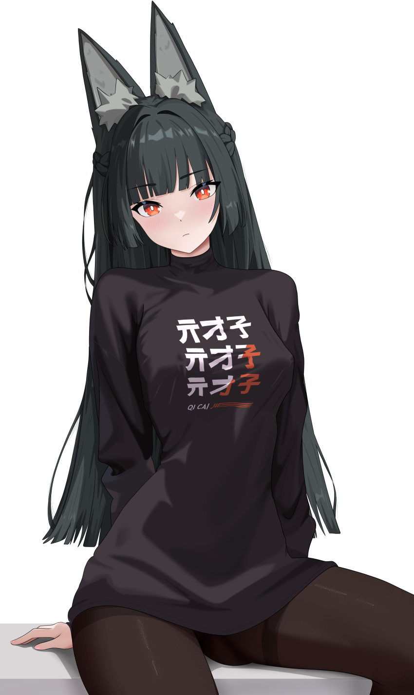 1girl absurdres animal_ear_fluff animal_ears black_hair black_pantyhose black_shirt blush braid breasts bright_pupils closed_mouth clothes_lift clothes_writing commentary english_commentary feet_out_of_frame fox_ears fox_girl half_up_braid highres hoshimi_miyabi ir_who long_hair looking_at_viewer medium_breasts no_pants orange_eyes pantyhose shirt simple_background sitting solo thighband_pantyhose thighs variant_set white_background white_pupils zenless_zone_zero