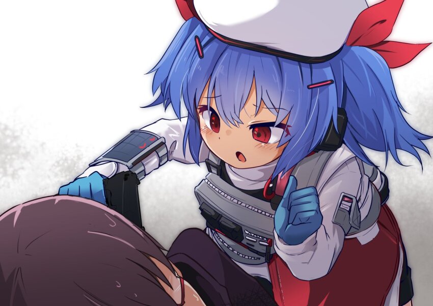 1boy 1girl blue_hair colphne_(girls&#039;_frontline_2) girls&#039;_frontline girls&#039;_frontline_2:_exilium gloves gun hair_ornament hat open_mouth red_eyes taurus_curve twintails weapon