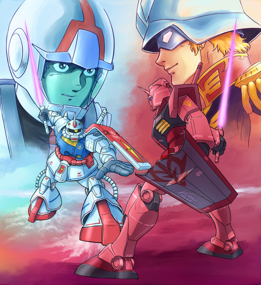 2boys absurdres amuro_ray artist_name blonde_hair char_aznable closed_mouth commentary_request earth_federation_space_forces energy_sword epaulettes fusion glowing glowing_eyes gundam gundam_gihren_no_yabou gundam_gquuuuuux helmet highres holding holding_sword holding_weapon kobakin looking_at_viewer male_focus mecha mecha_pilot_suit military military_uniform mobile_suit mobile_suit_gundam multiple_boys normal_suit_(gundam) one-eyed purple_eyes robot rx-78-2_gundam_casval_custom science_fiction shield short_hair signature smile sword v-fin weapon yellow_eyes zaku zaku_ii zaku_ii_s zeon