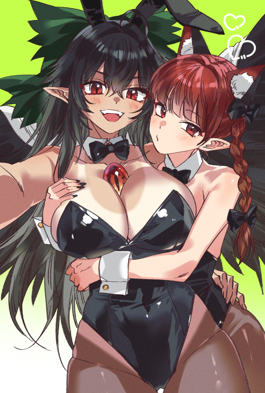 2girls animal_ears black_hair black_leotard bow braid breasts cat_ears cat_girl cleavage fake_animal_ears green_background green_bow grey_nagato highres kaenbyou_rin large_breasts leotard looking_at_viewer multiple_girls open_mouth playboy_bunny pointy_ears red_eyes red_hair reiuji_utsuho strapless strapless_leotard subterranean_animism touhou twin_braids